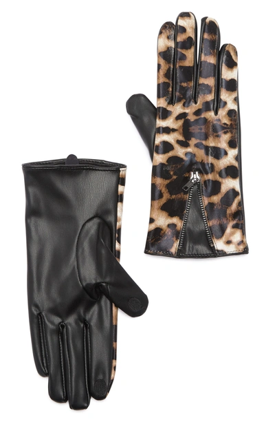 Vince Camuto Leopard Print Faux Leather Gloves In Black/ Natural