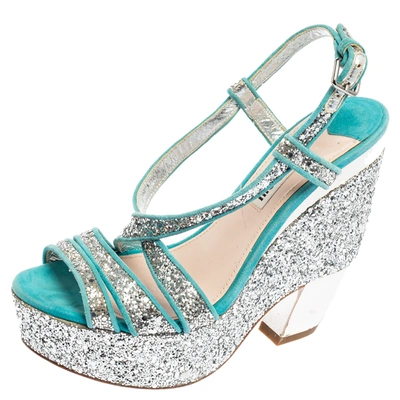 Pre-owned Miu Miu Turquoise Suede And Glitter Ankle Strap Platform Sandals Size 36 In Blue