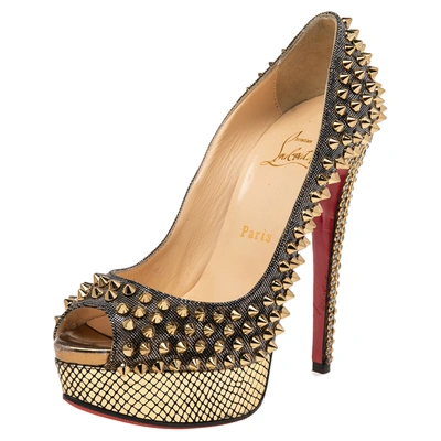 Pre-owned Christian Louboutin Gold Lurex Fabric Lady Peep Toe Spike Platform Pumps Size 36.5