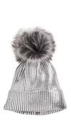 Adrienne Landau Metallic Ribbed Beanie W/ Fox Fur Pompom In Silver