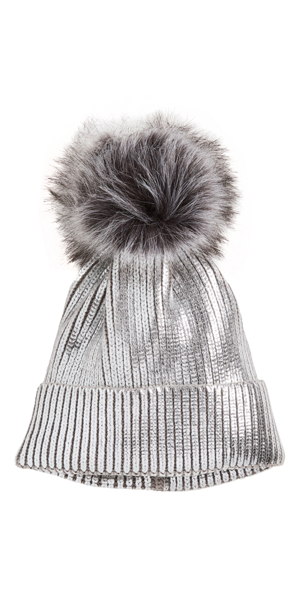 Adrienne Landau Metallic Ribbed Beanie W/ Fox Fur Pompom In  display picture 1