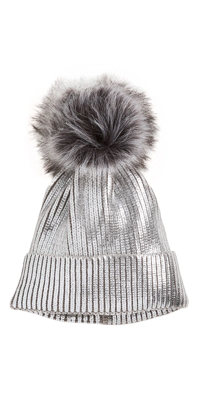 Adrienne Landau Metallic Ribbed Beanie W/ Fox Fur Pompom In Silver