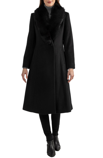 Sofia Cashmere Toscana Genuine Dyed Lamb Shearling Collar Wool Blend Coat In Black