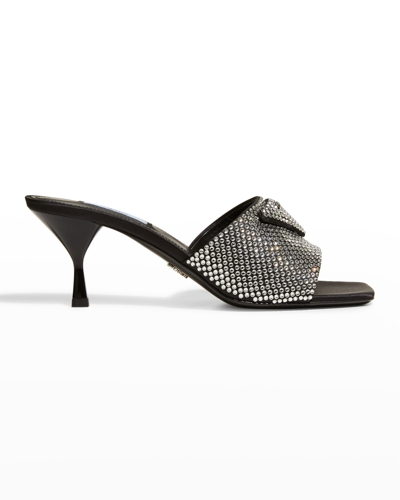 Prada Crystal Logo Kitten-heel Slide Sandals In Metallic
