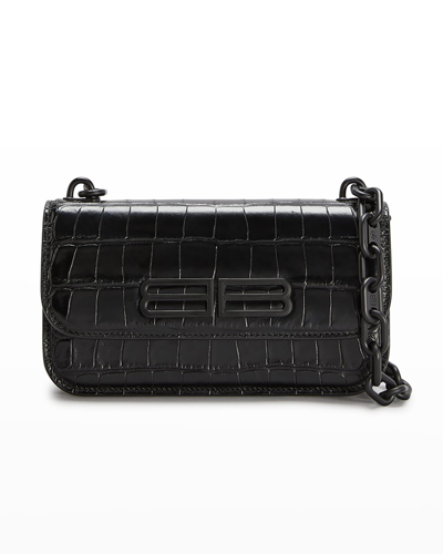 Balenciaga Gossip Bb Logo Croc Embossed Leather Shoulder Bag In Black
