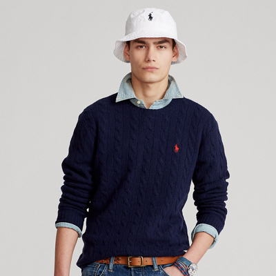 Polo Ralph Lauren Man Navy Blue Brided Cotton Sweater With Red Pony In Hunter Navy