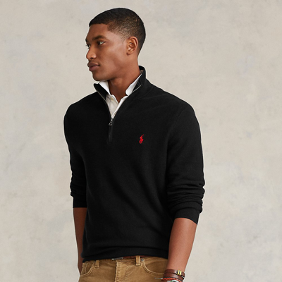 Ralph Lauren Mesh-knit Cotton Quarter-zip Sweater In Polo Black