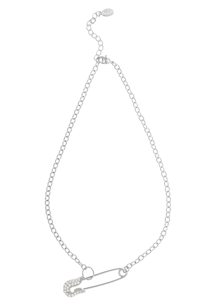 Rivka Friedman Rhodium Plated Pave Cz Safety Pin Pendant Necklace In White Rhodium Clad