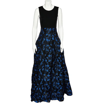 Pre-owned Oscar De La Renta Black Knit & Floral Jacquard Paneled Sleeveless Gown S