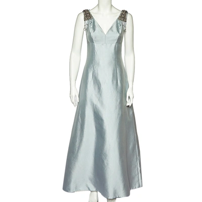 Pre-owned Prada Icy Blue Wool & Silk Embellished Detail Sleeveless Gown S