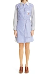 Chloé Stripe Floral Embroidered Long Sleeve Poplin Shirtdress In Blue/ White