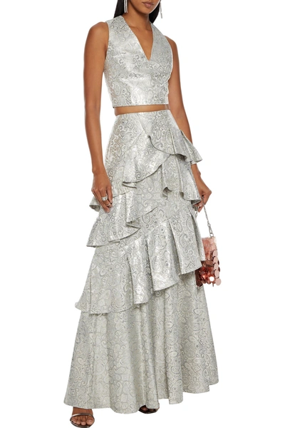 Alice And Olivia Flossie Tiered Metallic Brocade Maxi Skirt In Silver