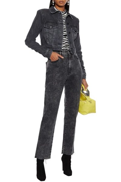 Alice And Olivia Tinsley Cropped Ruched Denim Jacket In Charcoal