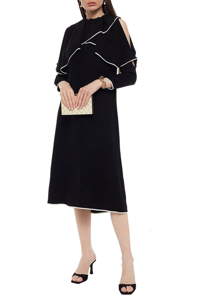 Valentino Cold-shoulder Layered Silk-crepe Midi Dress In Black