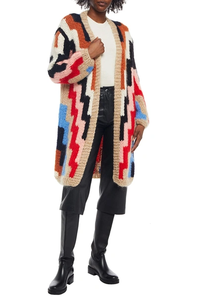 Ganni Brushed Mohair And Wool-blend Intarsia Cardigan In Multi
