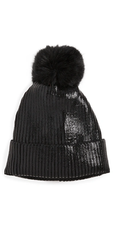 Adrienne Landau Metallic Hat With Pom In Black