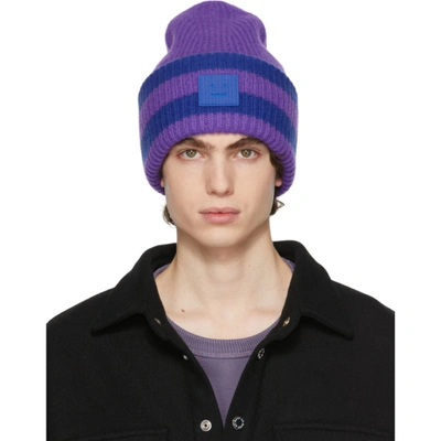 Acne Studios 脸孔贴花条纹罗纹针织套头帽 In Purple Blue