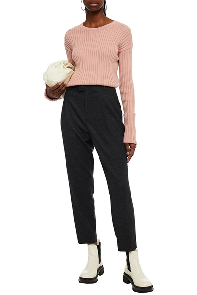 Red Valentino Cropped Pleated Mélange Tapered Trousers In Black
