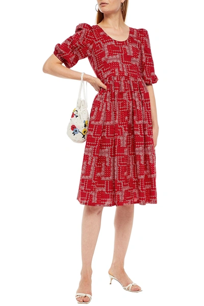 Shrimps Bow-detailed Printed Cotton-seersucker Dress In Red