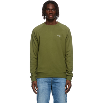 Balmain Bright Eco-designed Cotton Sweatshirt With Small Flocked Logo In Kaki/bianco