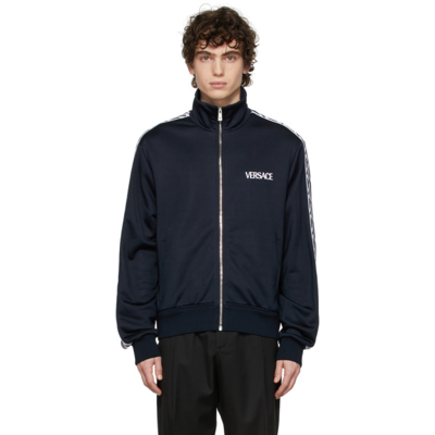 Versace Navy La Greca Logo-embroidered Track Jacket In Blue | ModeSens