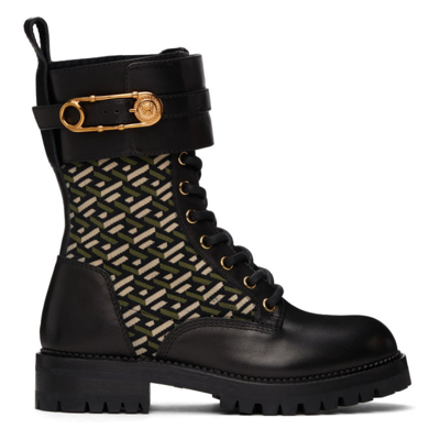 Versace Women's Safety Pin Lace Up Black Ankle Boots