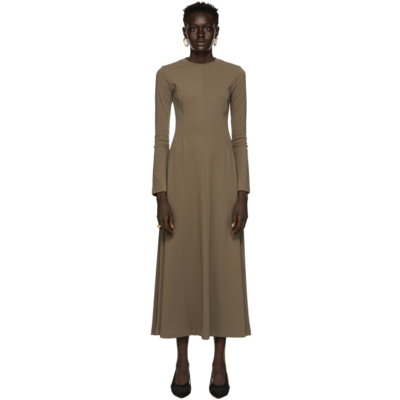 Caes Brown Detail Waist Long Dress In Khaki