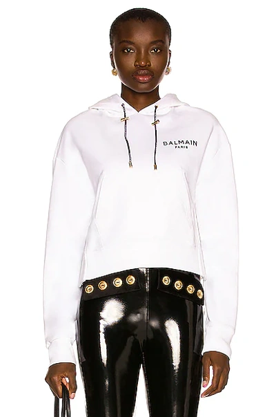 Balmain Cropped Flocked Organic Cotton-jersey Hoodie In White Black
