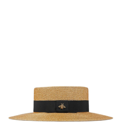 Gucci Bee-embellished Boater Hat In Brown