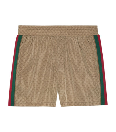 Gucci Slim-fit Mid-length Logo-print Striped Swim Shorts In Brown