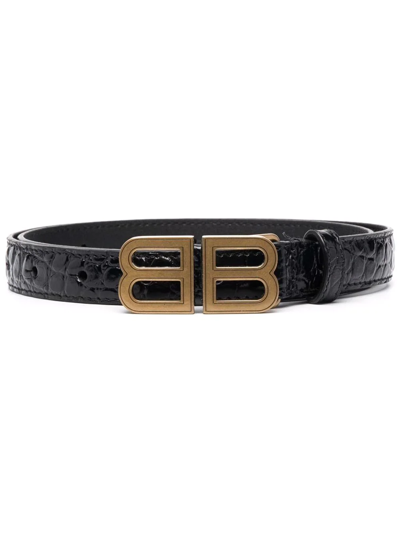 Balenciaga Bb Hourglass Croc-embossed Leather Belt In Black