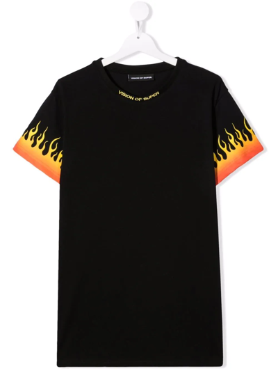 Vision Of Super Kids' Flame-print Sleeve T-shirt In Black