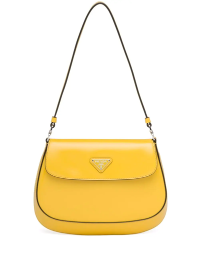 Prada Cleo Brushed Leather Shoulder Bag With Flap In Bright Yellow N