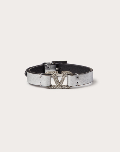 Valentino Garavani Vlogo Signature Bracelet In Metallic Calfskin And Swarovski® Crystals Woman Silve In Silver
