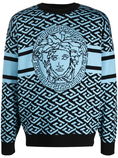Versace Wool Sweater With Greca Signature Print In Blue