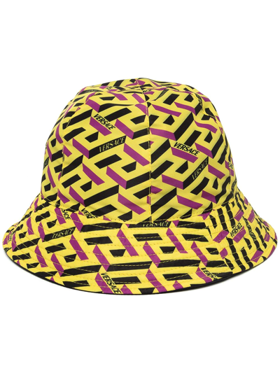 Versace Greca Signature Print Bucket Hat Green And Black In Yellow