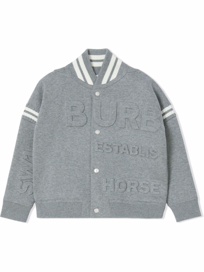 Burberry Kids' Boy's Guernsey Logo Address Embossed Bomber Jacket In Grey