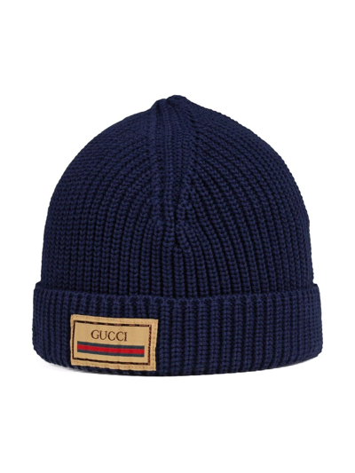 Gucci Kids' Logo-patch Ribbed Beanie In Blue