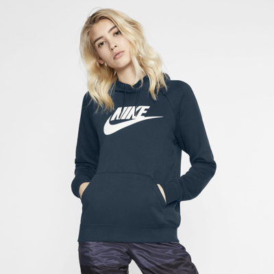 Nike Sportswear Essential Women's Fleece Pullover Hoodie In Deep Ocean,white