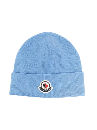 Moncler Kids' Logo Wool Blend Beanie Hat In Blue