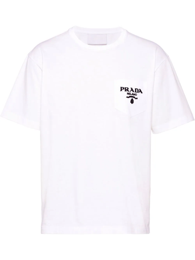 Prada Embroidered-logo Pocket Cotton T-shirt In White