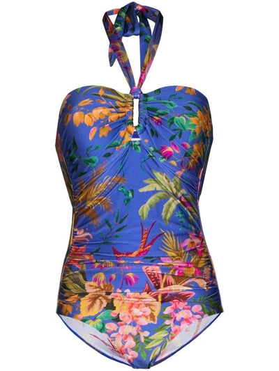 Zimmermann Tropicana Floral-print Halterneck Swimsuit In Blue
