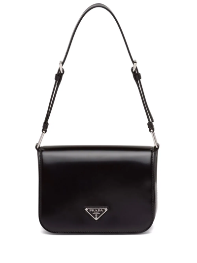 Prada Triangle Logo Brushed Leather Shoulder Bag In Black