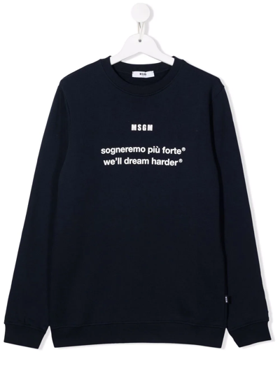 Msgm Teen Slogan-print Cotton Sweatshirt In Blue
