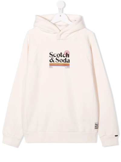 Scotch & Soda Teen Logo-print Cotton Hoodie In Neutrals