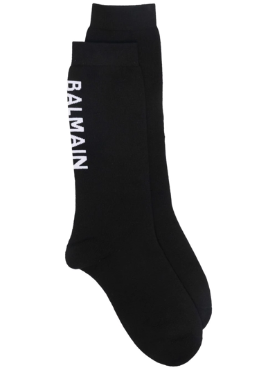Balmain Logo-print Knitted Socks In Black