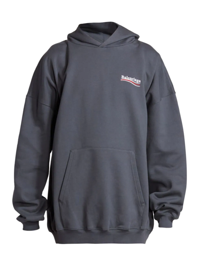 Balenciaga Campaign Logo Cotton Hoodie In Dark Grey White