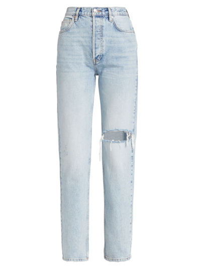 Free People Lasso Light Wash Distressed High Rise Slim Leg Jeans In Blue
