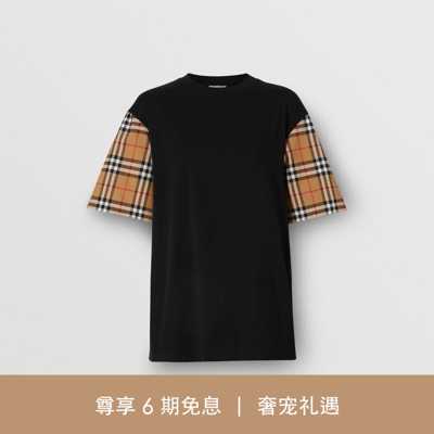 BURBERRY 博柏利 BURBERRY【11.11狂欢开启】 女士黑色Vintage 格纹装饰棉质T恤衫 80148951 XS,100008831545