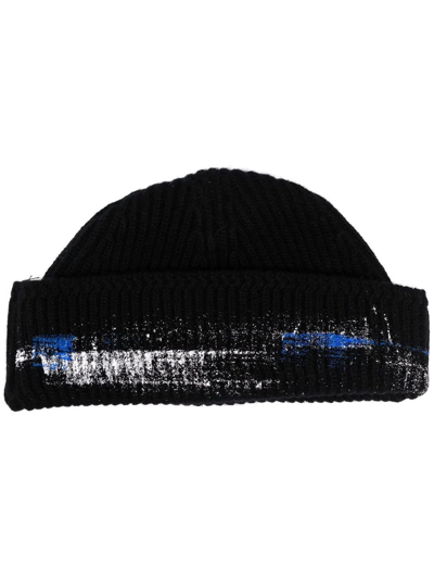 Ader Error Paint-detail Ribbed-knit Beanie In Black